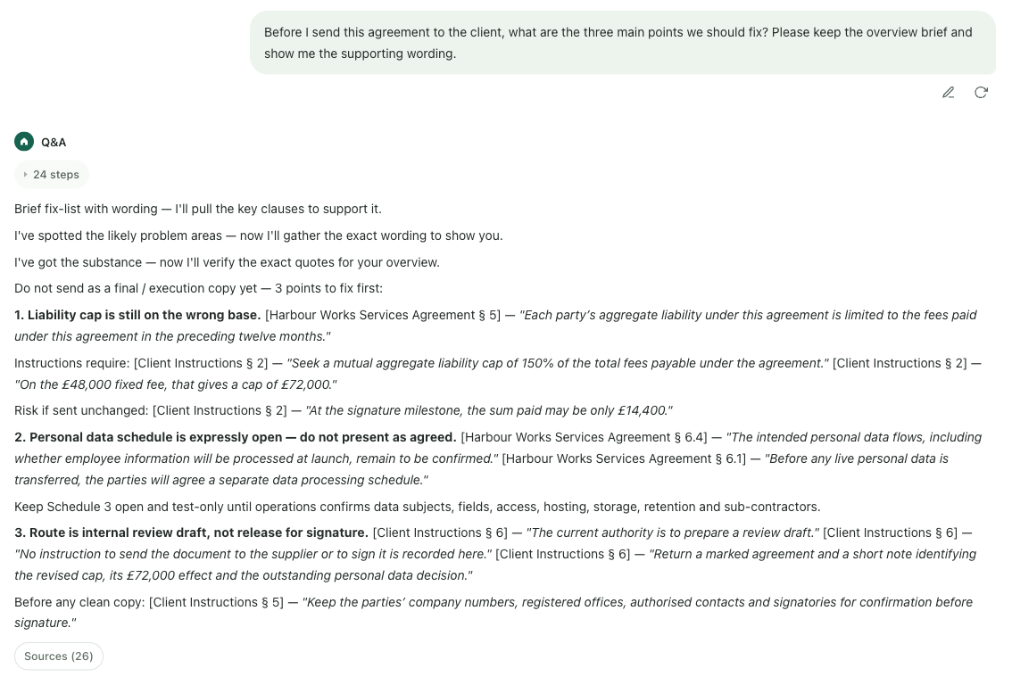 A matter conversation asks for the three main points to fix before sending the agreement to the client.