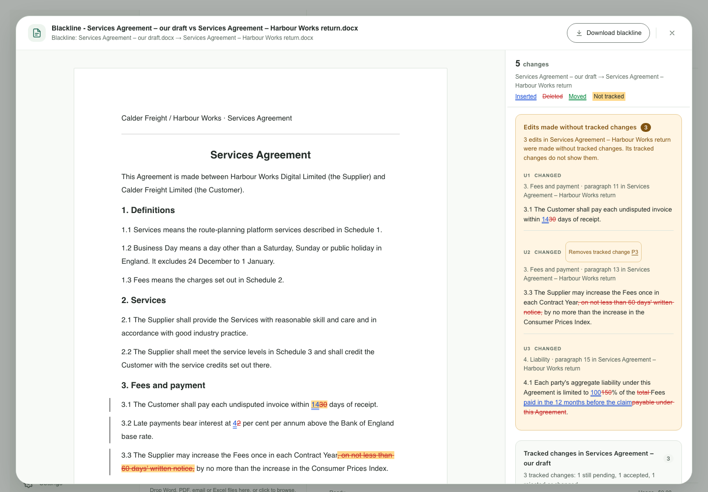 A Word blackline compares the original agreement with the other side’s return, with edits made without tracked changes listed beside it.