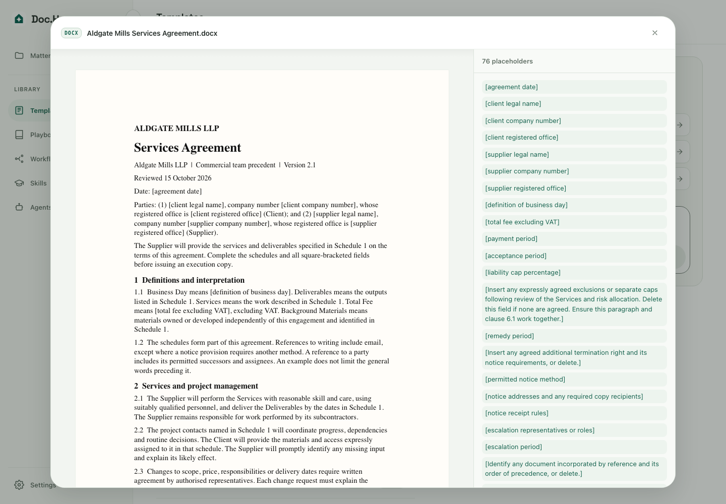The template library shows a Services Agreement precedent with its inventory of placeholder fields.