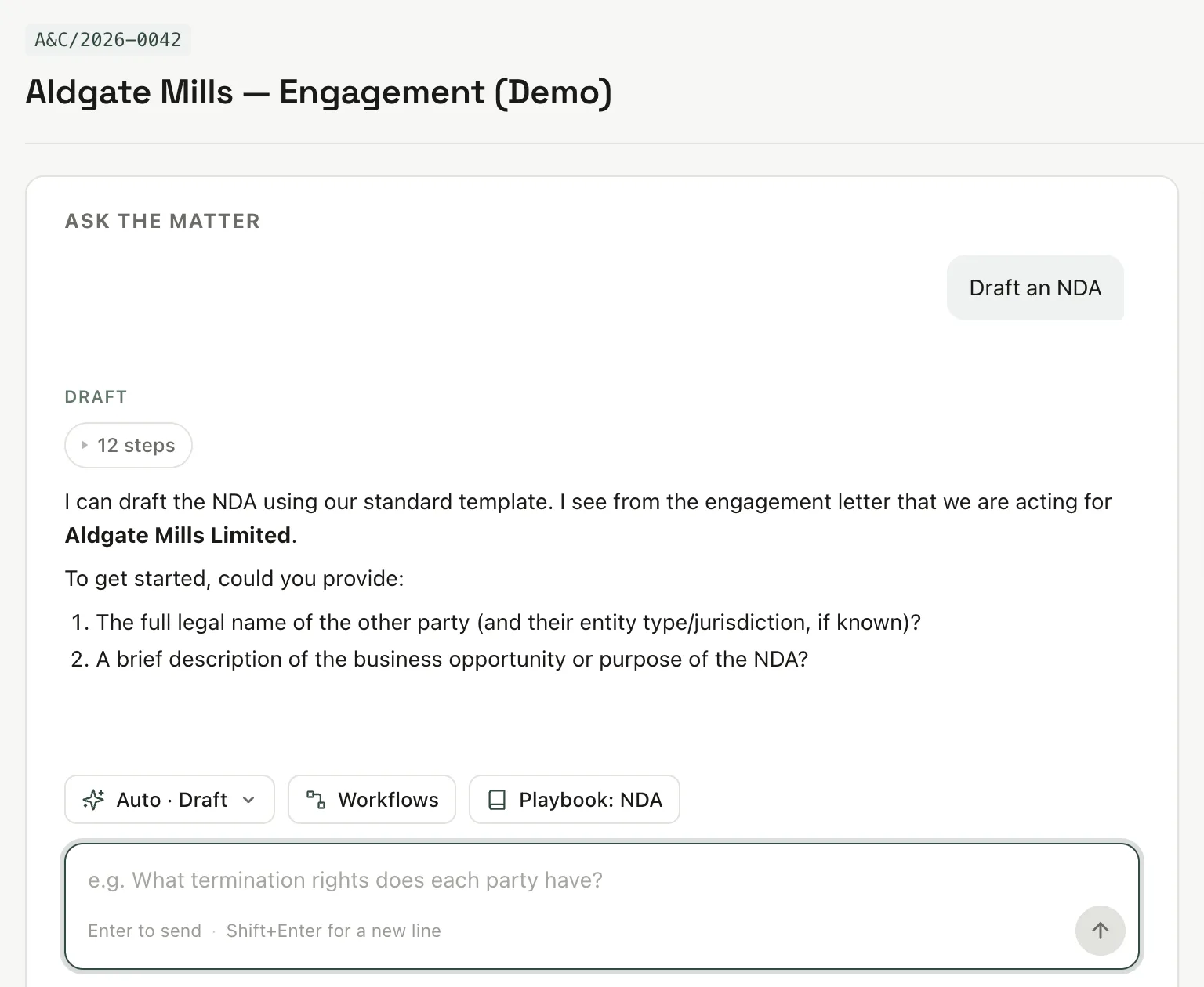 Asking the Draft agent for an NDA and being interviewed for the terms in doc.haus