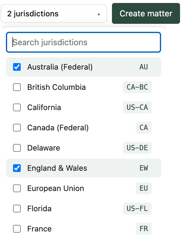 Jurisdiction selector in the matter edit panel in doc.haus