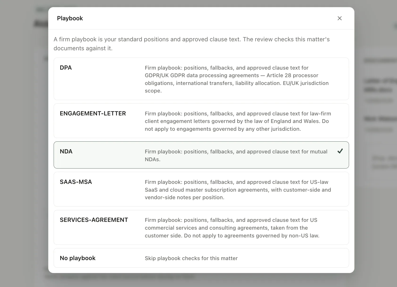 Playbook selector in the matter edit panel in doc.haus