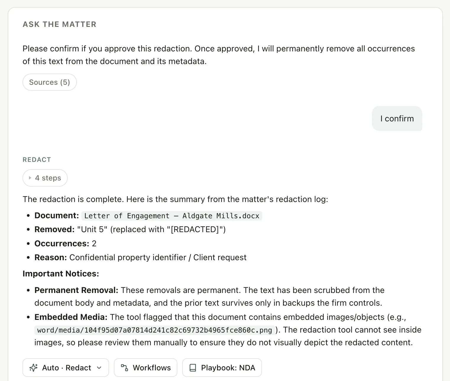 Redaction approval prompt and per-matter redaction log in doc.haus