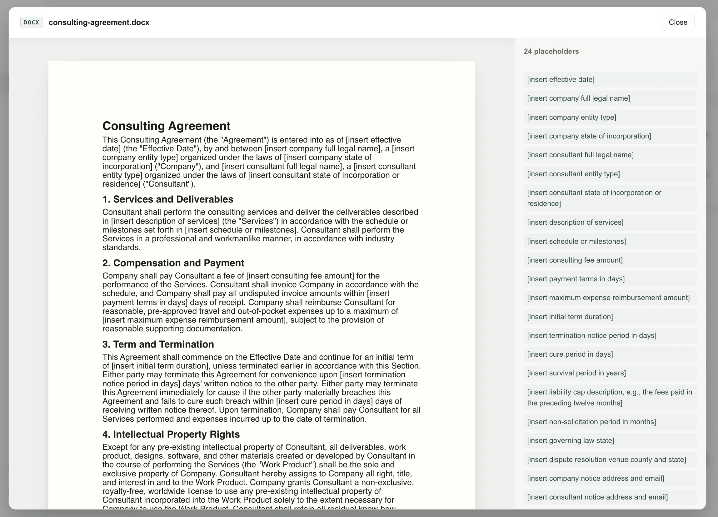 Template preview with bracketed placeholders in doc.haus