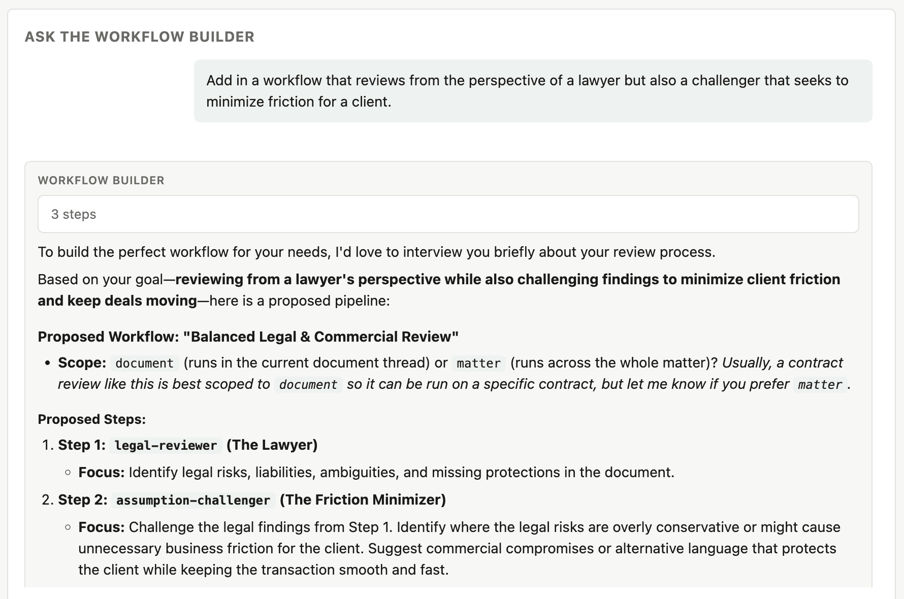 The workflow builder proposing a custom multi-agent review pipeline in doc.haus